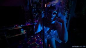 Sparkle Shimmy Masked Disco Dancer GLIMMER with flashing lights, pole dancing, striptease, lingerie, full nude, hairy bush, small tits, pierced nipples, ass, high heels