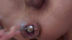 powerful anal masturbation of a male cunt with male squirt. hands-free cum