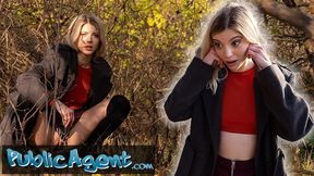 Public Porn Hot blonde is caught pissing in the woods and takes cash for sex with big cock