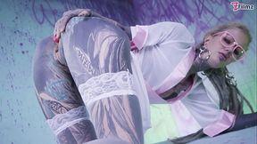 Tattood Girl with Glasses and buttplug Fucks a Tattooed Dick, DP, Facial