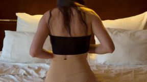 Part 2 yoga in big bed very short shorts