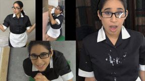 Maid eRica gives herself a facial by sucking cock & then jerking a cock off onto her face!