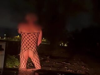 Stripping out of my body stocking and wanking at side of road