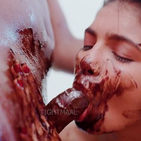 Hot desi indian couple chocolate sex cum shot in mouth kiss