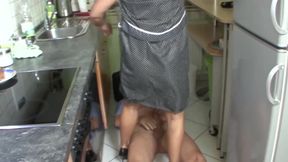 Shaved Granny Is Fucked Hard in Her Kitchen with a Big Cock Until Her Wet Pussy Leaks