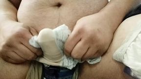 Close up of John Guest smoking and jacking the dick off with various used panties cumming on cousins black soen panty