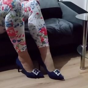 Crossdresser Dangling in Sexy Blue Jeans Pointed Toe High Heels Pumps with Buckle