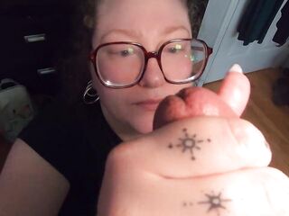 Chunky white cutie with Glasses chokes on rod and swallows cum