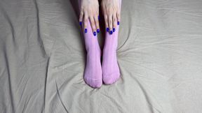 Pink Socks in Hands of Mistress with Blue Nails in Solo Video