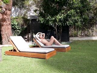 Excited step sis sunbathes undressed