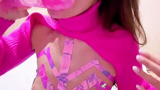 Neon orgasm from pink monster sex toy