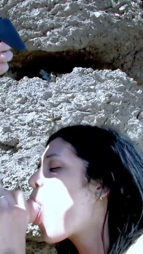 Young Spanish Arab Susi Xsmall enjoys two cocks at the beach   Clip 1