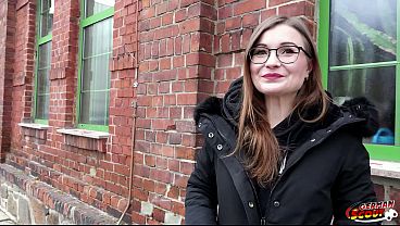 GERMAN SCOUT - German Small glasses student Tiny Emily Pick Up and talk to Casting Fuck