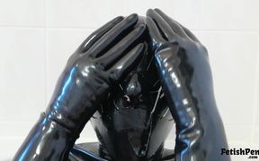 Saliva mess in latex mask and gloves