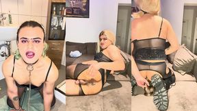 vulnerable sissy puppy: wigless, tiny clitty, dildo ride & atm cleanup