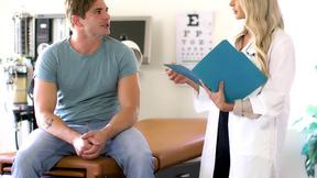 ”Sexy blonde doc Emma Hix finds a patient jerking off in her office”