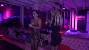 behind the scene, hot blonde and brunette get fucked in a swinger club.