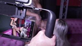 behind the scene, hot blonde and brunette get fucked in a swinger club.