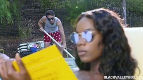 Rich black babe Ana Foxxx handles pool boy's fat white cock