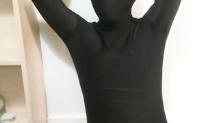 Zentai self restrain bondage, stroking machine and post ejaculation