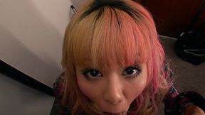 Blonde Japanese babe squirts and blows a big cock POV in front of the apartment door
