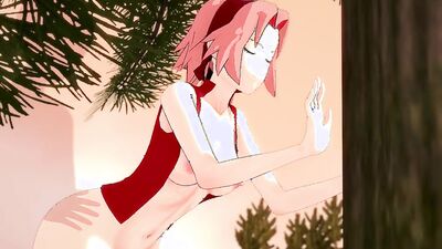 Hot babe gets her tight pussy stretched open in open air