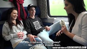 Dirty foursome sex between couples on a public train ride gets wilder by the minute