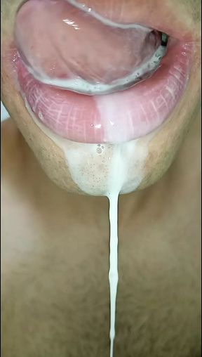 Cum in my mouth, play with your cum, and swallow it, close-up, naughty gay, tongue, sloopy