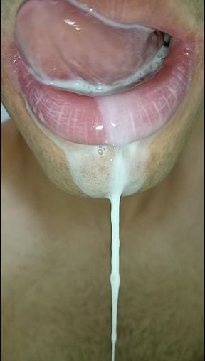 Cum in my mouth, play with your cum, and swallow it, close-up, naughty gay, tongue, sloopy