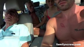 Family picks up lost girl and gives her a sensual handjob in the car
