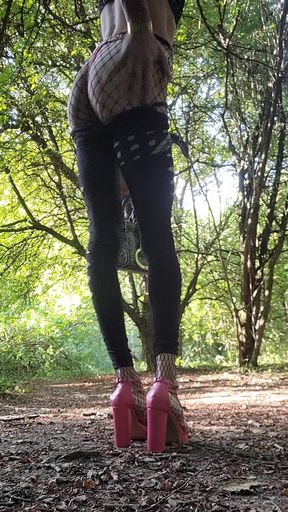 Slut 1 Day Slut Always. French Trav Ass Looks in the Woods, Pink Thong Thong & Pink Heels. Exhibition in the Forest.
