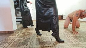 Whipped to shreds by two beautiful tormenters in long leather skirts Adrianna and Nicolle