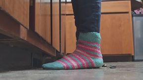 Chrissy fuzzy socks in the kitchen with oreo crush