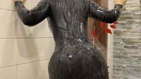 Golden latex Shower Rubbermissy is taking a shower with her latex rubber catsuit, latex mask, latex gloves