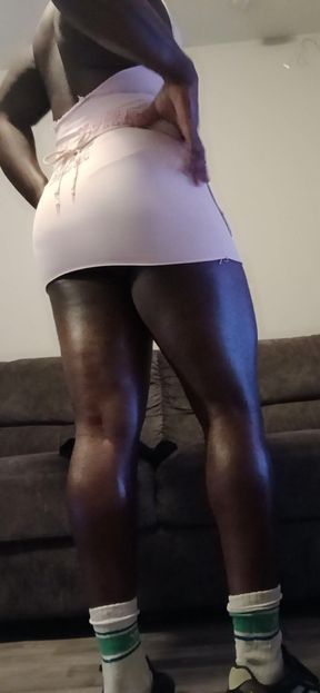 Curvy male with hanging long black sweaty dick