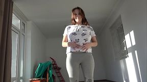 Mature beauty exposes her big natural tits and hairy cunt.