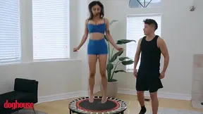 Hot brunette seduces trainer with perfect body and juicy tits in the dog house