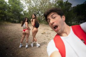 Couple goes hiking and end up having a threesome with a sexy brunette