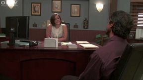 Horny brunette in lingerie gets fucked by her boss and eats his cum