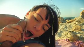 Unscripted beach POV blowjob ends with facial cumshot