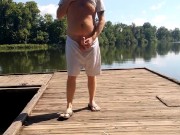Hairy Ginger playing with dick at the river and on the dock
