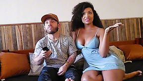 Hot ebony girl with nice ass gives her white bf a nice blowjob, then starts riding his cock like a pro cowgirl