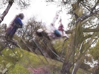 Outdoor Servitude Shibari Suspension - Tattoo slim Gal in ropes on a tree