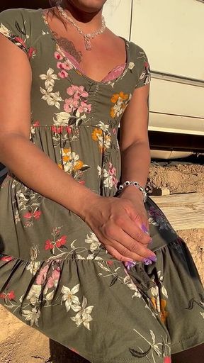 Horny Slut in Sundress Jerks off and Cums in Backyard