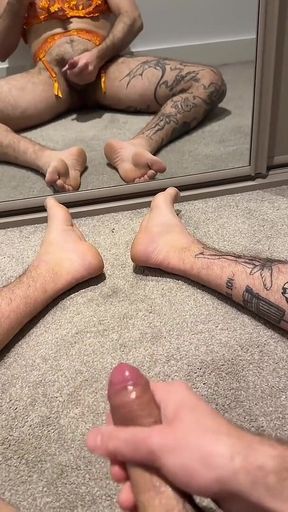 Hairy Sissy Muscle Man in Lingerie and Heels Sensual Striptease, Edging, Wanking, Fingering and Foot Play