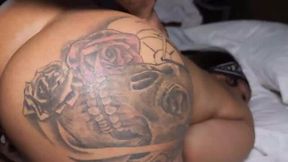 Ink-covered beauty’s round ass ripples as massive cock stretches her in intense fuck
