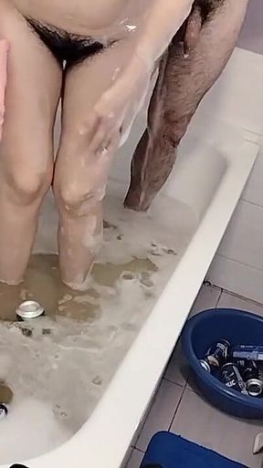 Amateur Couple Taking a Bath, Wife with Hairy Pussy, Big Ass, Big Tits.