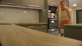 Hot Sexy Long Legs Beauty Cute Blonde College Girl in a Very Short Skirt to Flash Her Ass and Pussy in the Kitchen