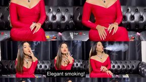 Smoking a long all white cigarette in an elegant red dress!