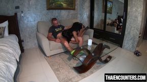 Two hot Asian babes seduce hung dude in a hot threesome session